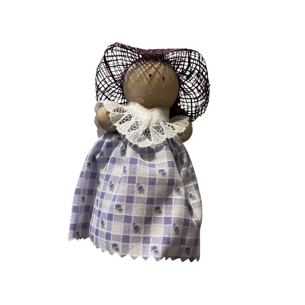 Handcrafted Wooden Peg Doll Purple Gingham Dress Lace Collar Mesh Sun Hat